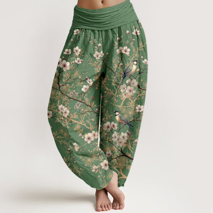 Buddha Stones Spodnie damskie typu harem z bawełny z elastyczną talią i wzorem w kwiaty ptaków - Oliwkowy - US16, UK/AU20, EU48 (3XL) - image 8