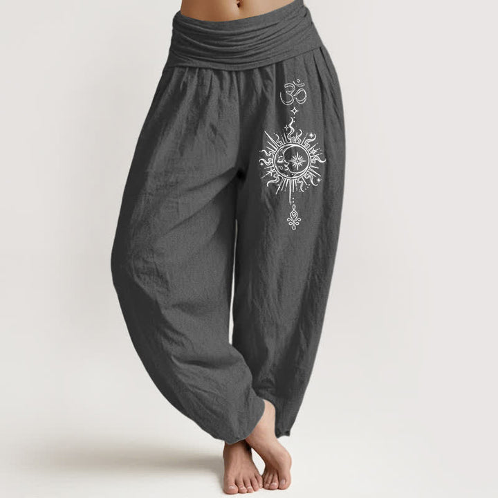 Buddha Stones Spodnie damskie harem z elastycznej talii z czystej bawełny w kolorze białym z motywem mandali i słońca Om - DimGray - US16, UK/AU20, EU48 (3XL) - image 0