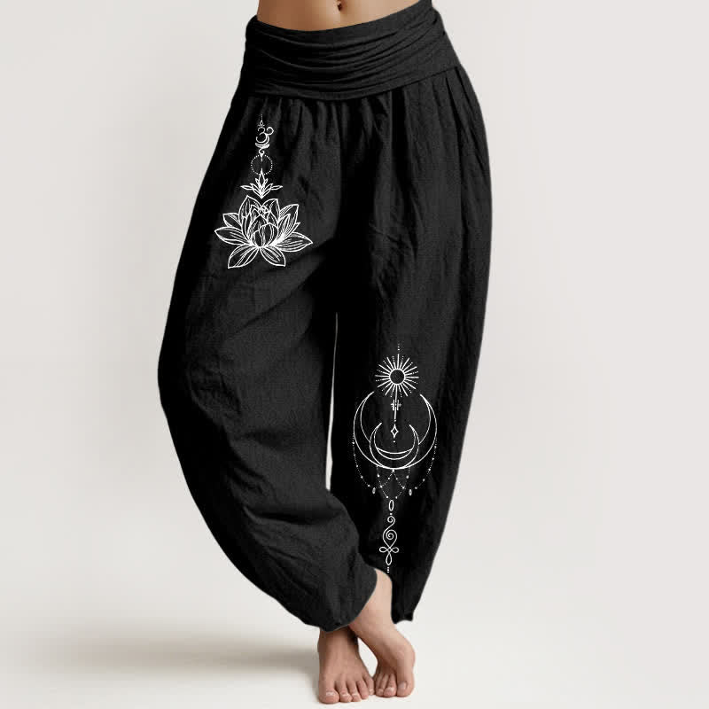 Buddha Stones Spodnie damskie harem z elastycznej talii z motywem księżyca i słońca z czystej bawełny - Czarny - US16, UK/AU20, EU48 (3XL) - image 0