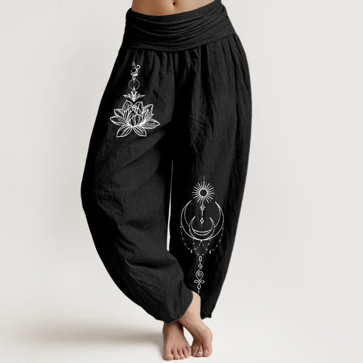Buddha Stones Spodnie damskie harem z elastycznej talii z motywem księżyca i słońca z czystej bawełny - Czarny - US16, UK/AU20, EU48 (3XL) - image 0