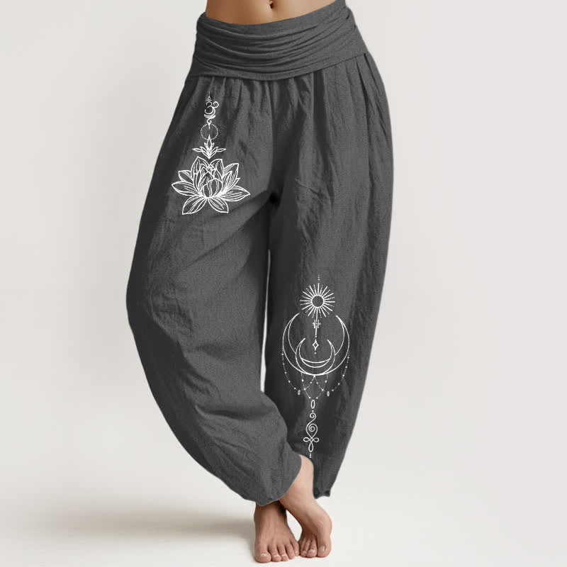 Buddha Stones Spodnie damskie harem z elastycznej talii z motywem księżyca i słońca z czystej bawełny - DimGray - US16, UK/AU20, EU48 (3XL) - image 8