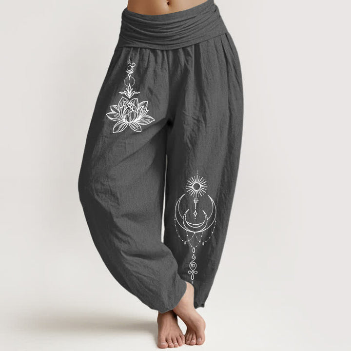 Buddha Stones Spodnie damskie harem z elastycznej talii z motywem księżyca i słońca z czystej bawełny - DimGray - US16, UK/AU20, EU48 (3XL) - image 8