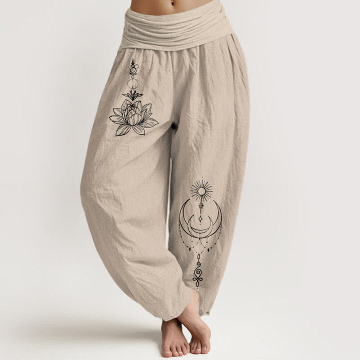 Buddha Stones Spodnie damskie harem z elastycznej talii z motywem księżyca i słońca z czystej bawełny - Dębnik - US16, UK/AU20, EU48 (3XL) - image 14