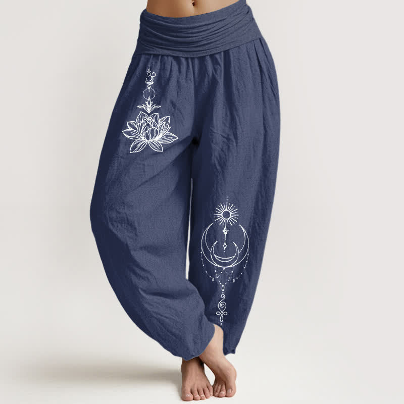 Buddha Stones Spodnie damskie harem z elastycznej talii z motywem księżyca i słońca z czystej bawełny - DarkSlateBlue - US16, UK/AU20, EU48 (3XL) - image 5