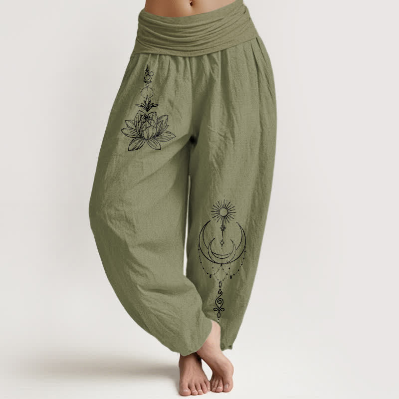 Buddha Stones Spodnie damskie harem z elastycznej talii z motywem księżyca i słońca z czystej bawełny - Oliwkowy - US16, UK/AU20, EU48 (3XL) - image 11