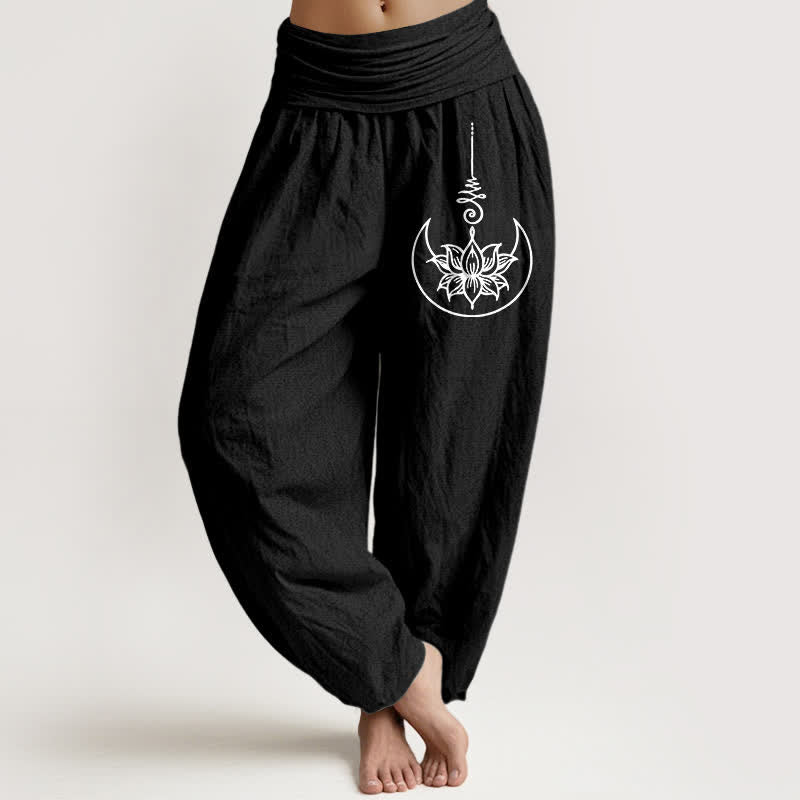 Buddha Stones Spodnie damskie typu harem z elastycznej talii z motywem księżycowego lotosu z czystej bawełny - Czarny - US16, UK/AU20, EU48 (3XL) - image 5