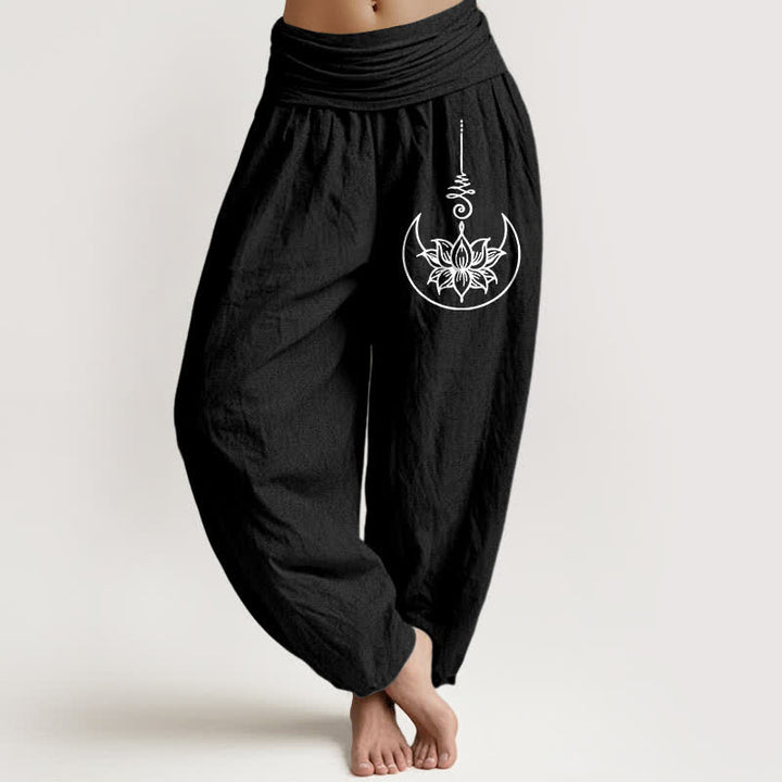 Buddha Stones Spodnie damskie typu harem z elastycznej talii z motywem księżycowego lotosu z czystej bawełny - Czarny - US16, UK/AU20, EU48 (3XL) - image 5