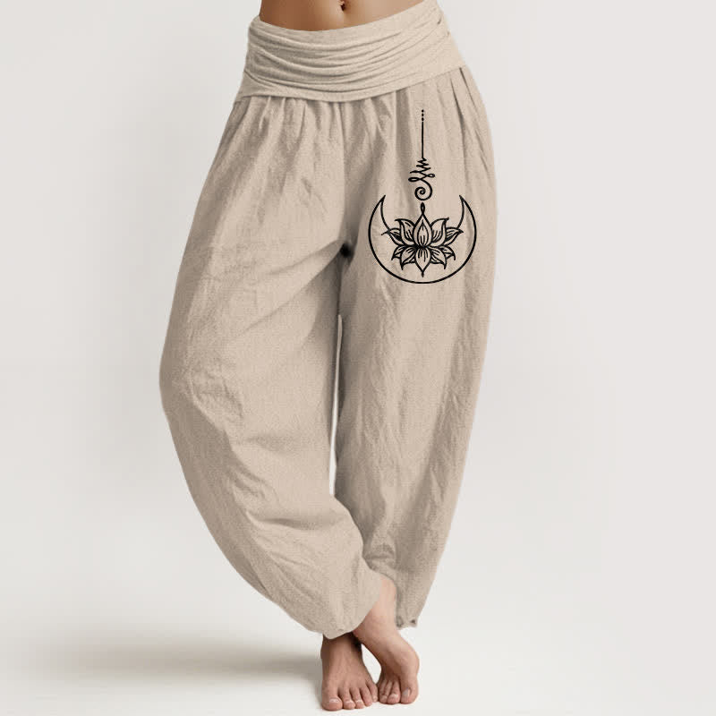 Buddha Stones Spodnie damskie typu harem z elastycznej talii z motywem księżycowego lotosu z czystej bawełny - Dębnik - US16, UK/AU20, EU48 (3XL) - image 14