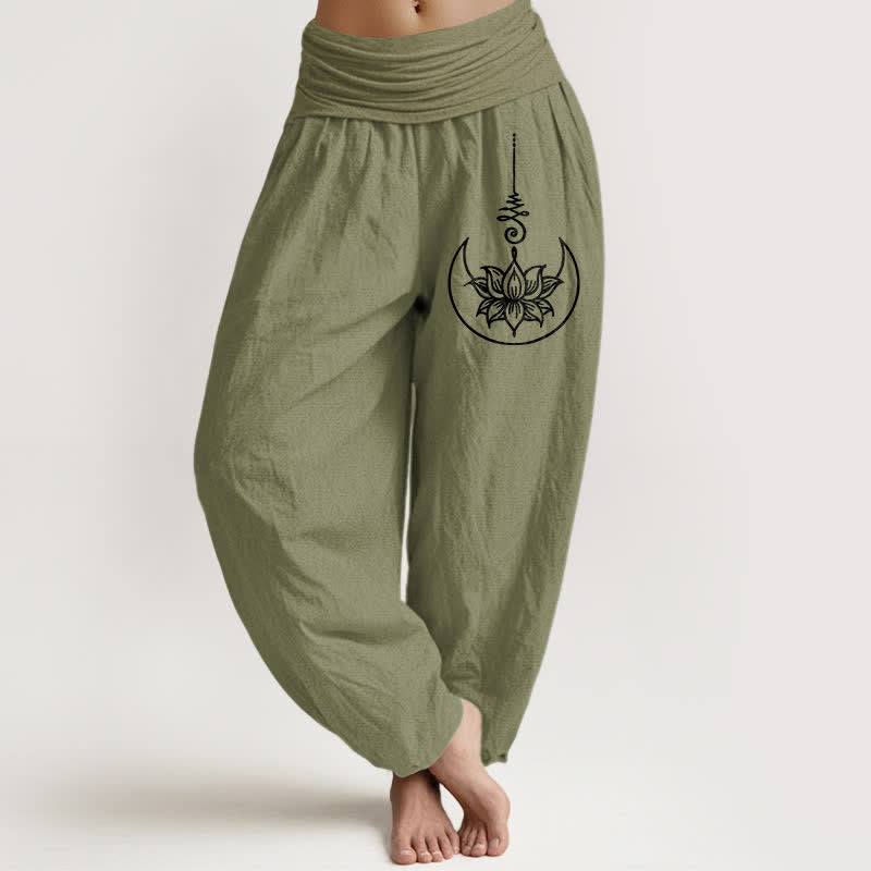 Buddha Stones Spodnie damskie typu harem z elastycznej talii z motywem księżycowego lotosu z czystej bawełny - Oliwkowy - US16, UK/AU20, EU48 (3XL) - image 11