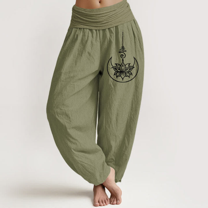 Buddha Stones Spodnie damskie typu harem z elastycznej talii z motywem księżycowego lotosu z czystej bawełny - Oliwkowy - US16, UK/AU20, EU48 (3XL) - image 11