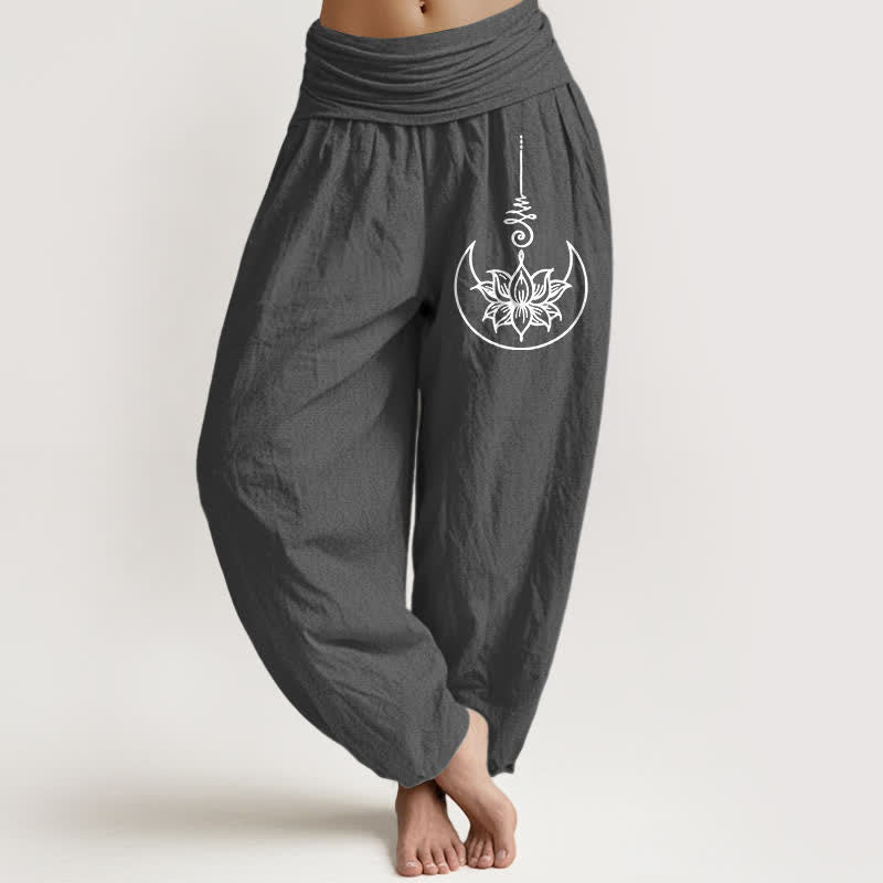 Buddha Stones Spodnie damskie typu harem z elastycznej talii z motywem księżycowego lotosu z czystej bawełny - DimGray - US16, UK/AU20, EU48 (3XL) - image 8