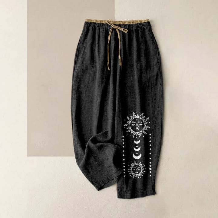 Buddha Stones Spodnie damskie z elastyczną talią i kieszeniami, z czystej bawełny, z motywem twarzy Mystic Sun - Czarny - US16, UK/AU20, EU48 (3XL) - image 0