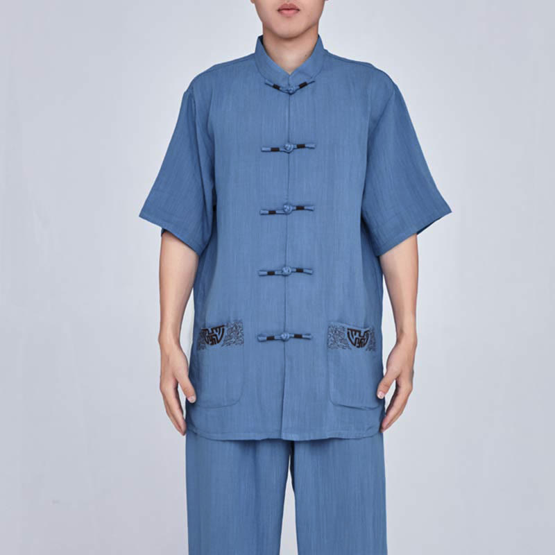 Buddha Stones Medytacja Zen Modlitwa Duchowa Tai Chi Qigong Praktyka Unisex Haft Odzież Zestaw - Krótki rękaw, niebieski haft - US14, UK/AU18, EU46 (3XL) - image 26