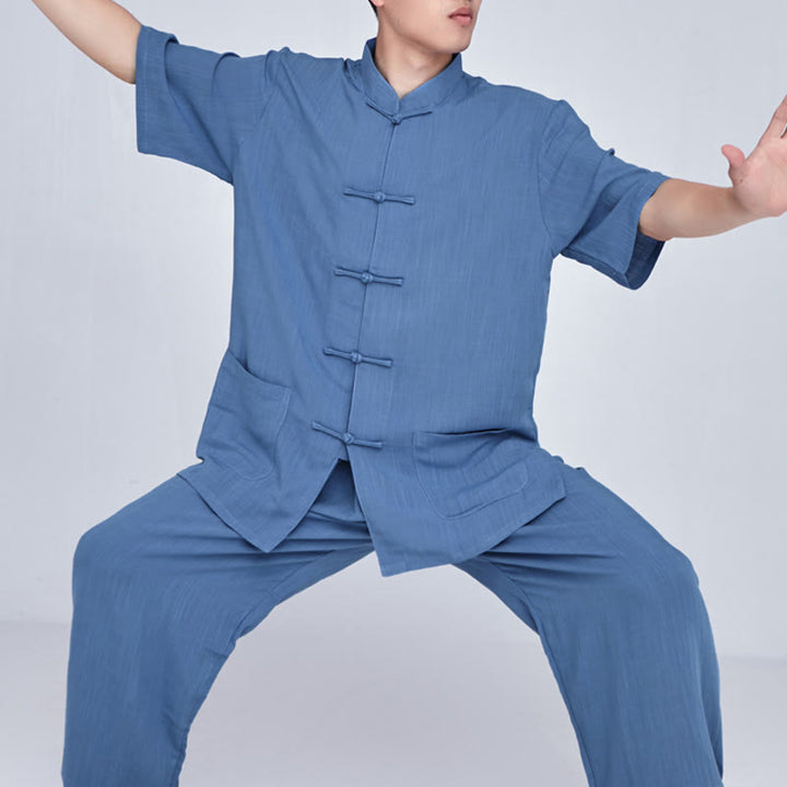 Buddha Stones Medytacja Zen Modlitwa Duchowa Tai Chi Qigong Praktyka Unisex Haft Odzież Zestaw - Krótki rękaw niebieski - US14, UK/AU18, EU46 (3XL) - image 28