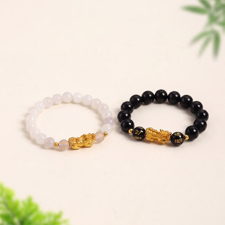 Buddha Stones Bransoletka oczyszczająca Pi Xiu Om Mani Padme Hum z czarnego obsydianu i chalcedonu - image 11