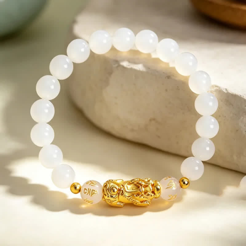 Buddha Stones Bransoletka oczyszczająca Pi Xiu Om Mani Padme Hum z czarnego obsydianu i chalcedonu - image 8