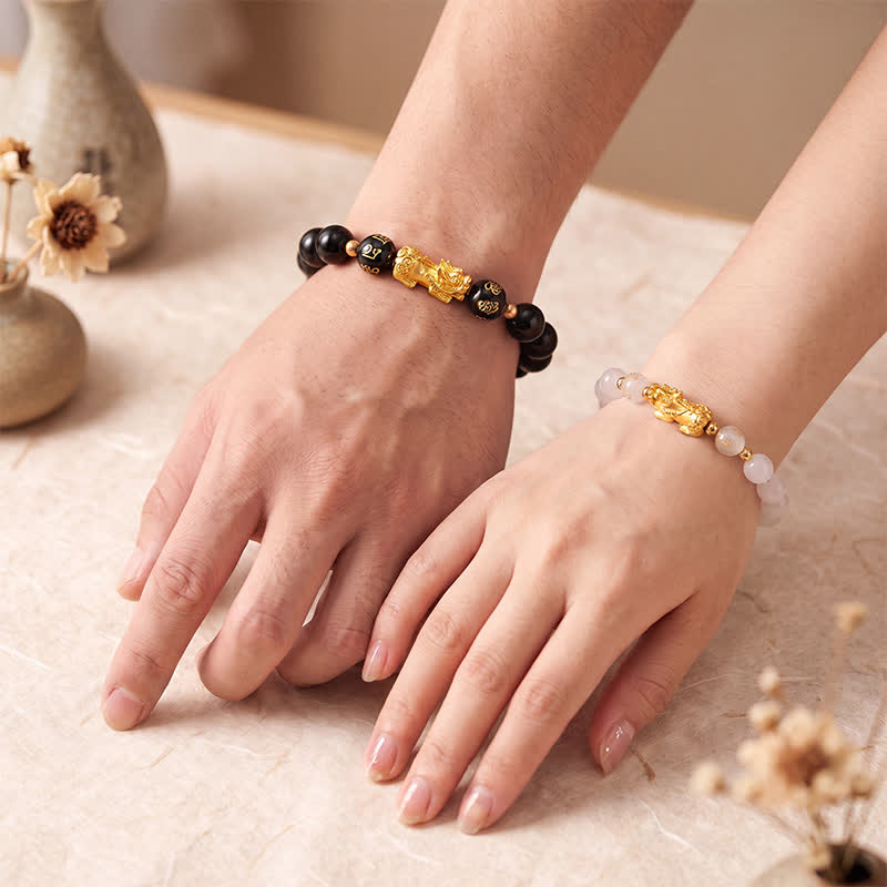 Buddha Stones Bransoletka oczyszczająca Pi Xiu Om Mani Padme Hum z czarnego obsydianu i chalcedonu - image 14