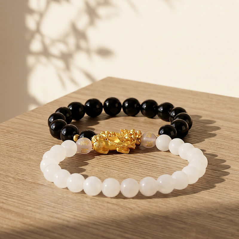 Buddha Stones Bransoletka oczyszczająca Pi Xiu Om Mani Padme Hum z czarnego obsydianu i chalcedonu - image 13