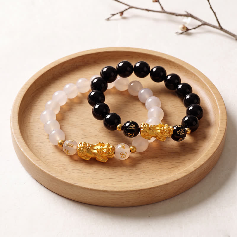Buddha Stones Bransoletka oczyszczająca Pi Xiu Om Mani Padme Hum z czarnego obsydianu i chalcedonu - image 12
