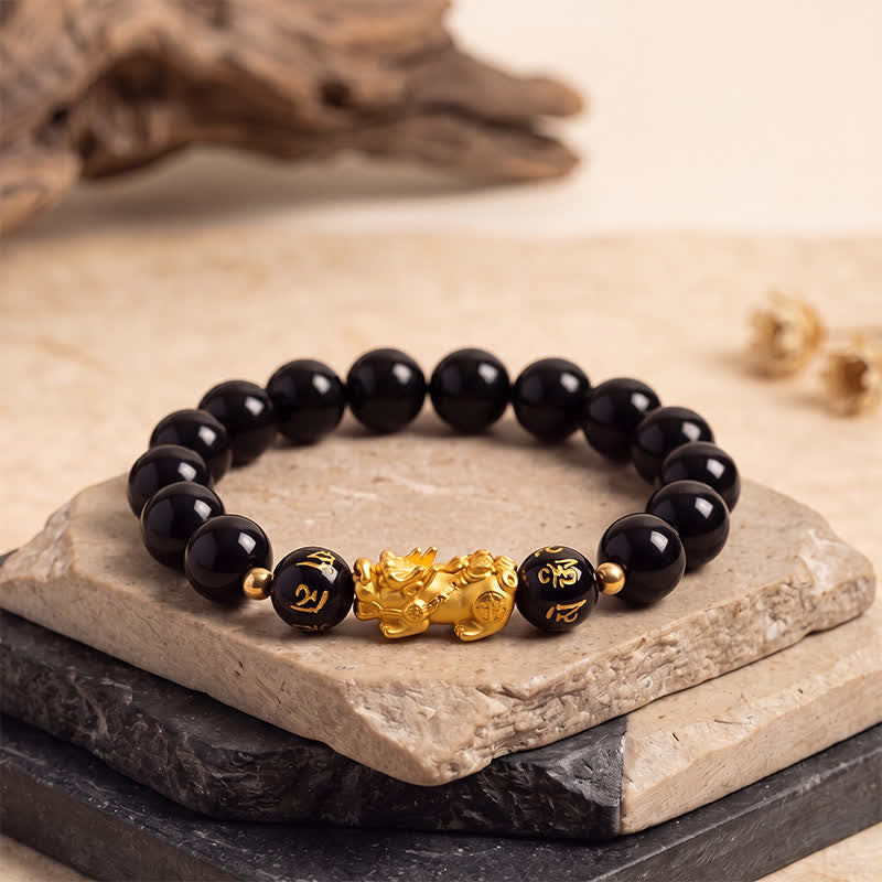 Buddha Stones Bransoletka oczyszczająca Pi Xiu Om Mani Padme Hum z czarnego obsydianu i chalcedonu - Czarny obsydian (ochrona ♥ uziemienie) - image 0