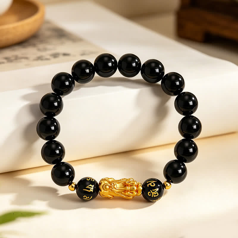 Buddha Stones Bransoletka oczyszczająca Pi Xiu Om Mani Padme Hum z czarnego obsydianu i chalcedonu - image 1