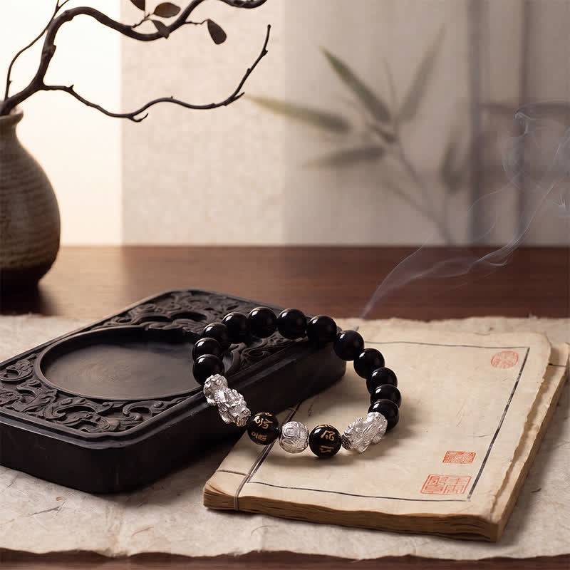Buddha Stones Bransoletka z podwójnej mądrości Pi Xiu Om Mani Padme Hum z czarnej obsydianowej miedzi - image 12