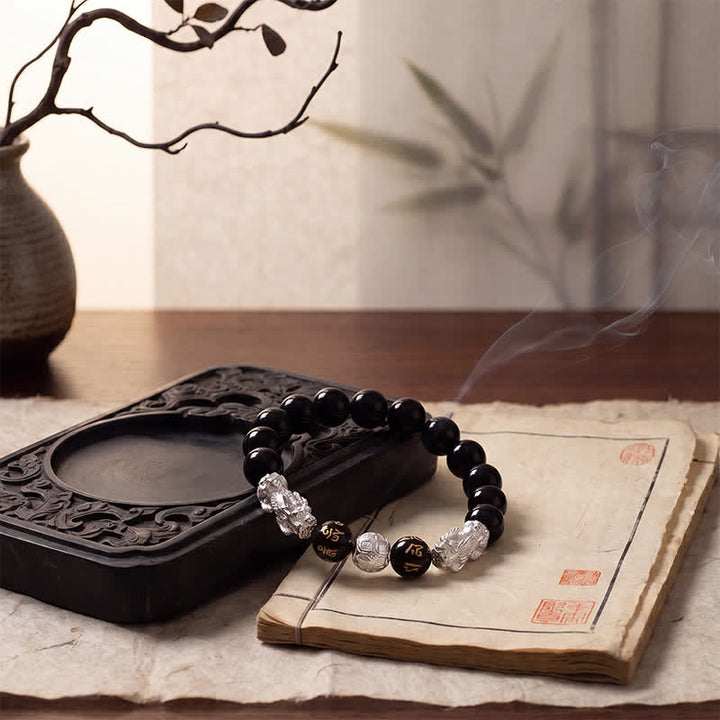 Buddha Stones Bransoletka z podwójnej mądrości Pi Xiu Om Mani Padme Hum z czarnej obsydianowej miedzi - image 12