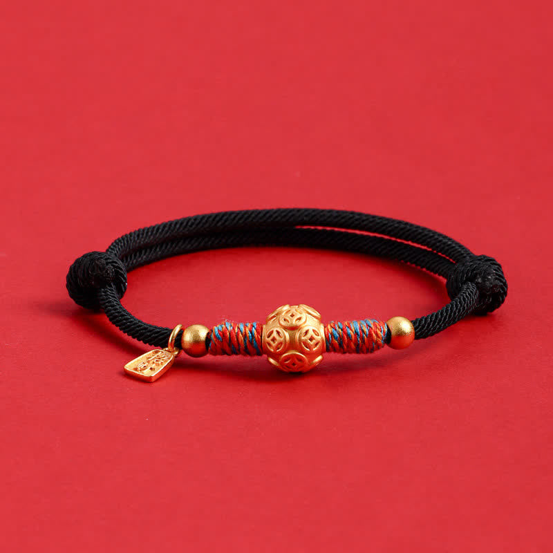 Buddha Stones Bransoletka ochronna z czerwonego sznurka ze srebra próby 999, tkana ręcznie - Złota chińska moneta, czarny sznurek - image 16
