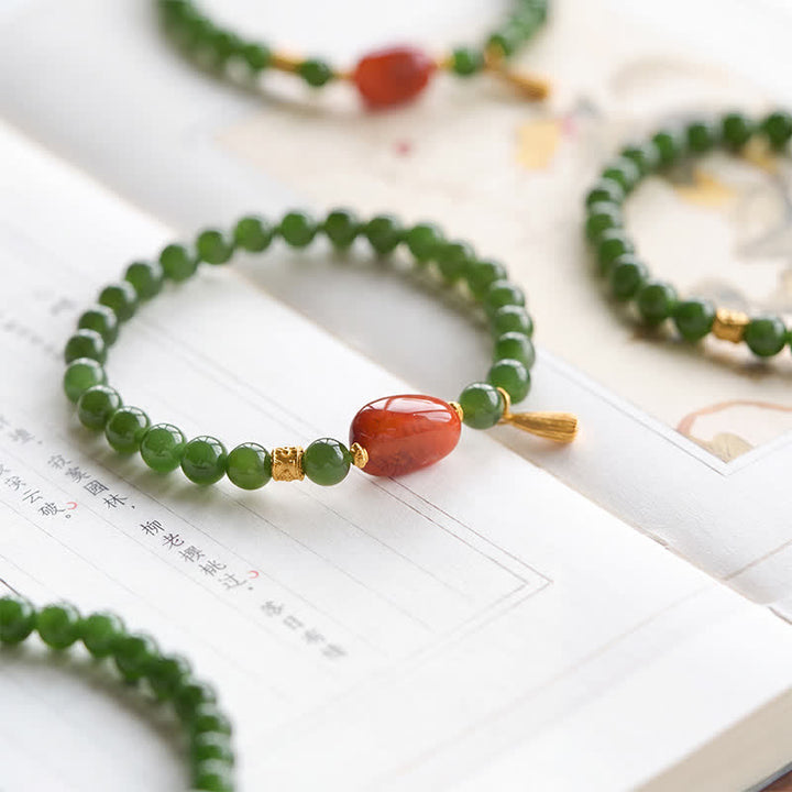 Buddha Stones Bransoletka na szczęście z zielonego szpinaku i czerwonego agatu hetian - Naturalny jadeit (obwód nadgarstka: 5,5–5,9 cala/14–15 cm) - image 0
