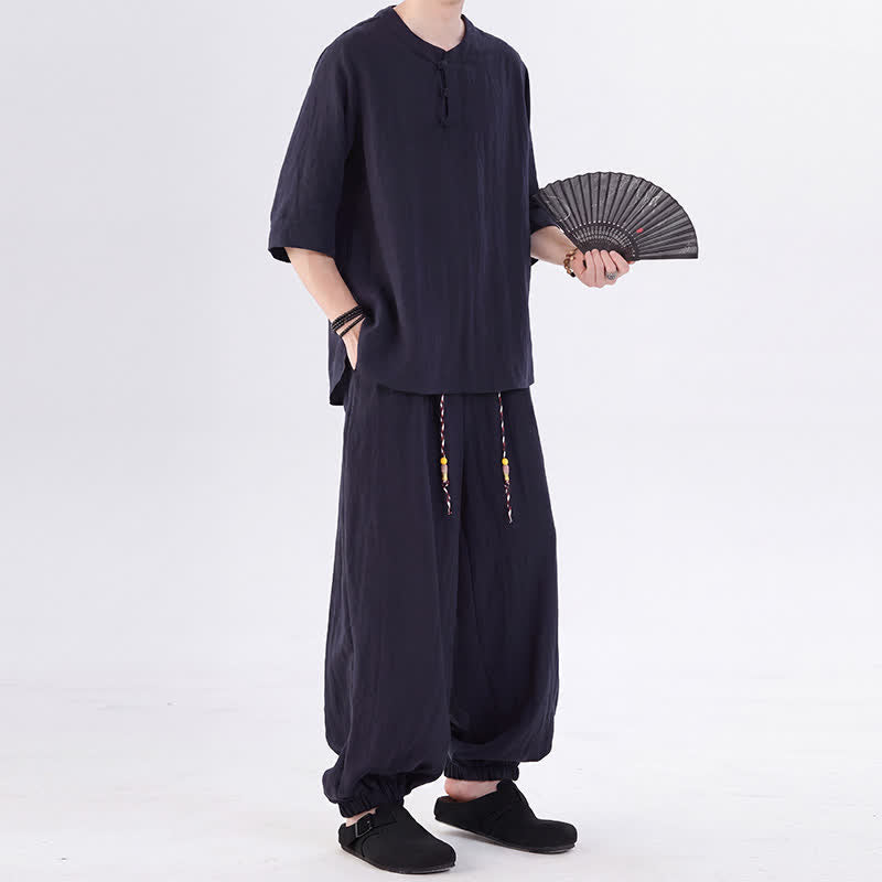 Buddha Stones Koszula męska do medytacji, spodnie, wiosenno-letnie, z guzikami w stylu żabki, z rękawami do łokcia i kieszenią - image 43