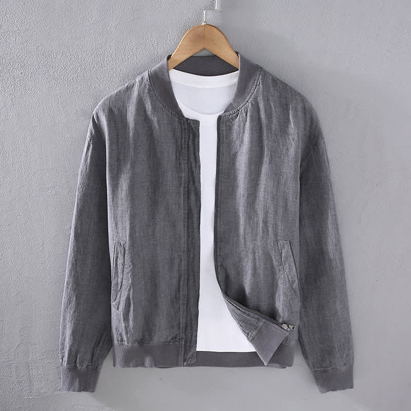 Buddha Stones Wiosenna, swobodna, minimalistyczna, męska kurtka lniana z kieszeniami i zamkiem błyskawicznym - Szary - US/UK/AU42， EU52 (3XL) - image 1