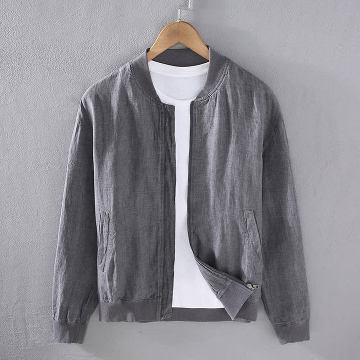 Buddha Stones Wiosenna, swobodna, minimalistyczna, męska kurtka lniana z kieszeniami i zamkiem błyskawicznym - Szary - US/UK/AU42， EU52 (3XL) - image 1