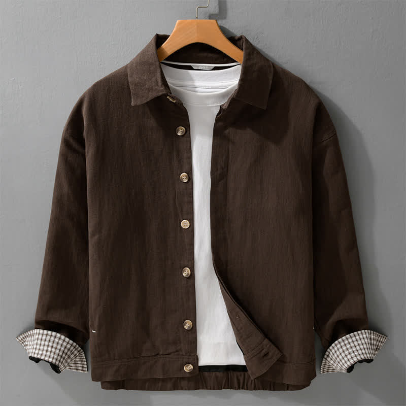 Buddha Stones Jesienna, swobodna, vintage'owa męska kurtka z lnianego materiału z kieszeniami, zapinana na guziki - SaddleBrown - US/UK/AU42， EU52 (3XL) - image 0