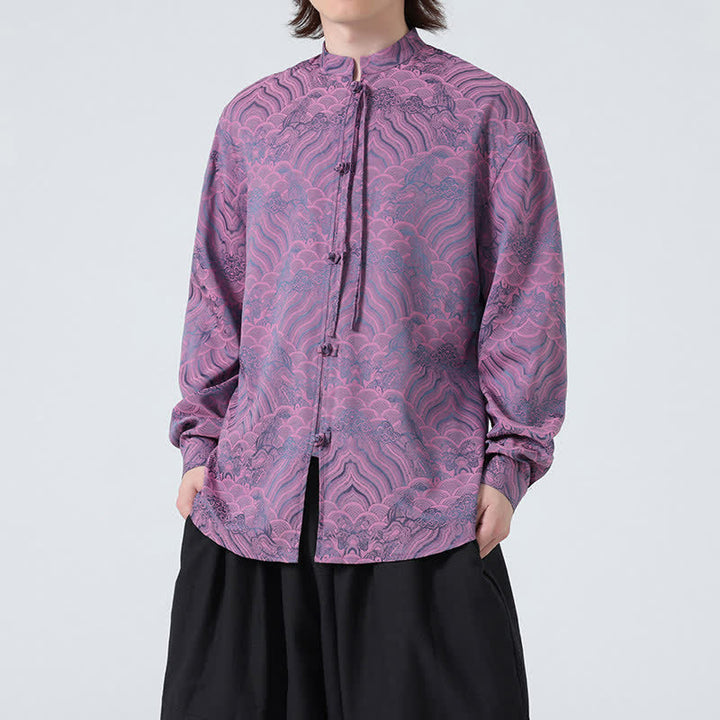 Buddha Stones Koszule męskie z długim rękawem w stylu vintage Tang z kołnierzykiem stójkowym i abstrakcyjnymi falami - Oset - US/UK/AU46， EU56 (5XL) - image 16
