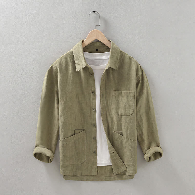 Buddha Stones Jesienna, swobodna, minimalistyczna męska kurtka z solidnej ramii zapinana na guziki i z kieszeniami - Ciemny Khaki - US/UK/AU42， EU52 (3XL) - image 19
