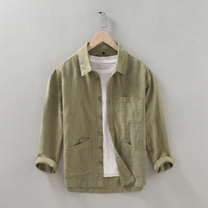 Buddha Stones Jesienna, swobodna, minimalistyczna męska kurtka z solidnej ramii zapinana na guziki i z kieszeniami - Ciemny Khaki - US/UK/AU42， EU52 (3XL) - image 19