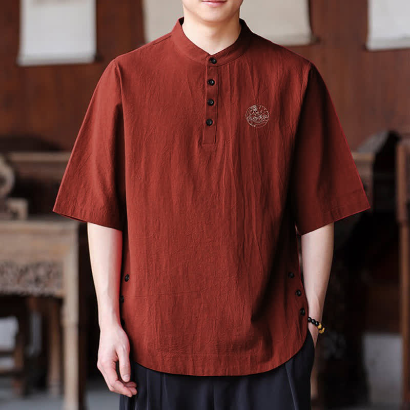 Buddha Stones Letnie, swobodne koszule męskie z krótkim rękawem w stylu Tang, z kołnierzykiem stójkowym - IndianRed - US/UK/AU46, EU56 (5XL) - image 11