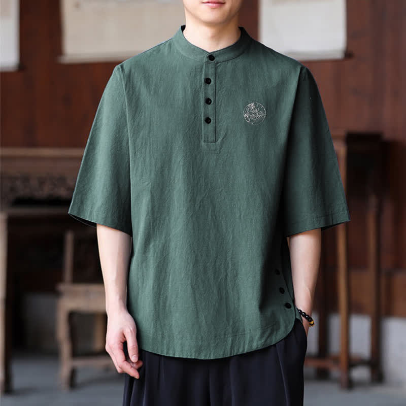 Buddha Stones Letnie, swobodne koszule męskie z krótkim rękawem w stylu Tang, z kołnierzykiem stójkowym - SeaGreen - US/UK/AU46, EU56 (5XL) - image 0