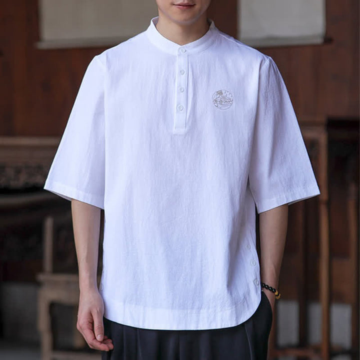 Buddha Stones Letnie, swobodne koszule męskie z krótkim rękawem w stylu Tang, z kołnierzykiem stójkowym - Biały - US/UK/AU46, EU56 (5XL) - image 19