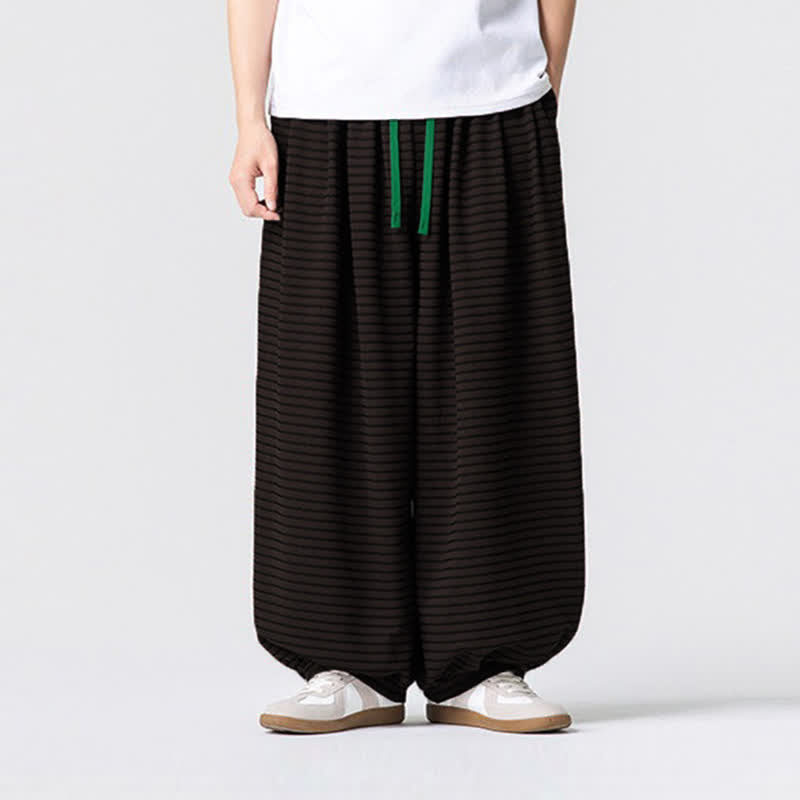 Buddha Stones Jesienne, swobodne, minimalistyczne spodnie męskie z prostymi nogawkami i kieszeniami, ściągane sznurkiem i w paski - SaddleBrown - US/UK/AU42, EU52 (3XL) - image 0