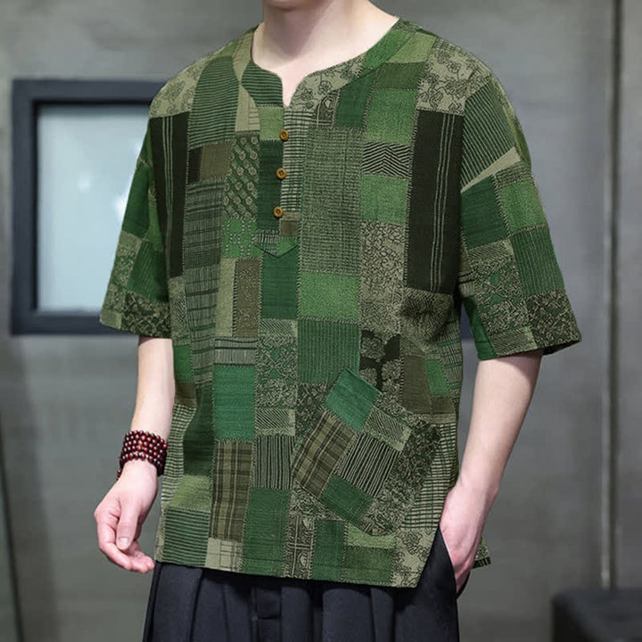 Buddha Stones Koszule męskie z krótkim rękawem i kieszenią naszytą, w stylu boho, w kratę i letnie, swobodne, z łatkami - ForestGreen - US/UK/AU46, EU56 (5XL) - image 0