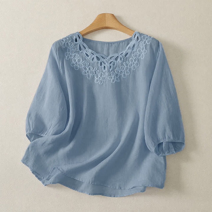 Buddha Stones Koszulka damska wiosenno-letnia, casualowa, vintage, z okrągłym dekoltem i haftem, z długim rękawem - PowderBlue - US12, UK/AU16, EU44 (2XL) - image 5