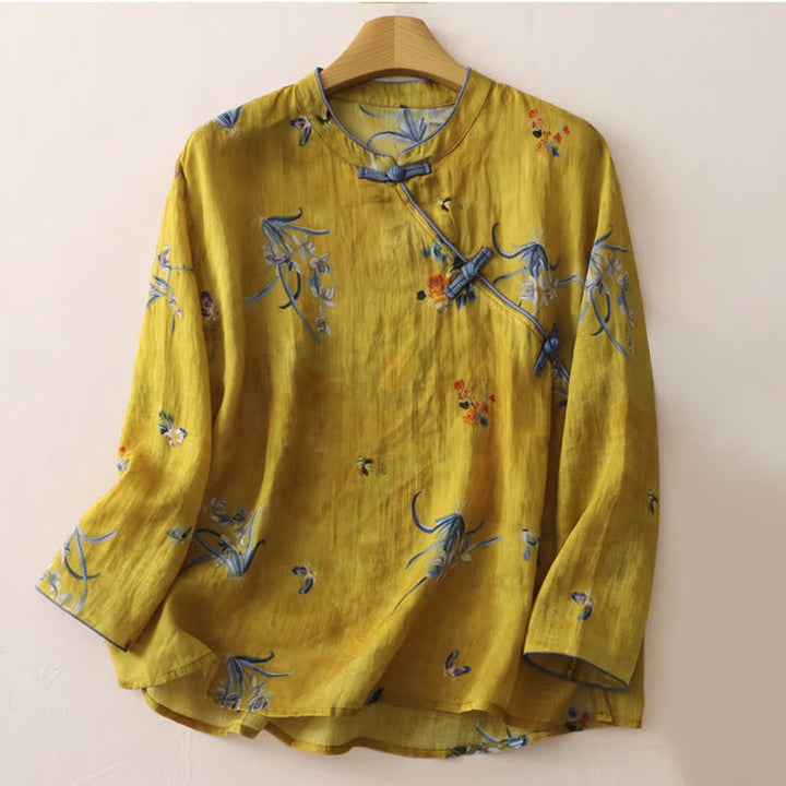 Buddha Stones Koszule damskie z długim rękawem w stylu vintage w stylu Tang z żabą i kwiatowym motywem orchidei - Nawłoć - US12, UK/AU16, EU44 (2XL) - image 0