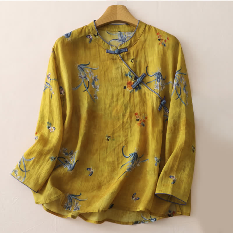 Buddha Stones Letnia koszulka damska bez rękawów w stylu Tang z żabą i kwiatowym nadrukiem w stylu orchidei - Peru - Długi rękaw - US12, UK/AU16, EU44 (2XL) - image 40