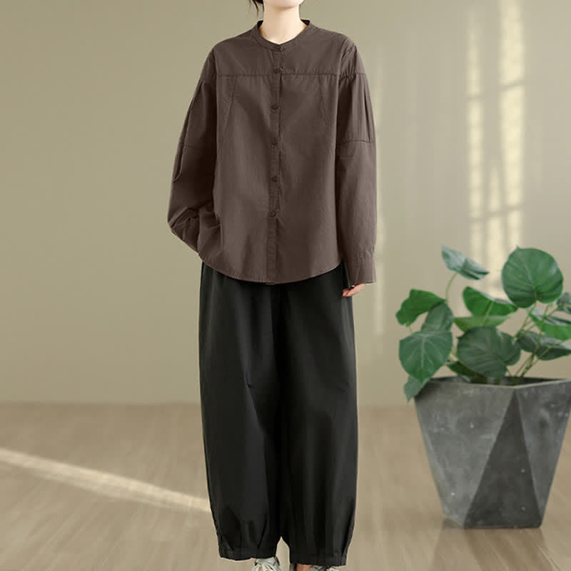 Buddha Stones Koszule damskie z długim rękawem w stylu stójkowym, wiosenno-jesiennym, minimalistyczne, z kołnierzykiem typu stójka - image 5