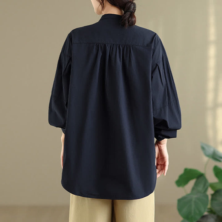 Buddha Stones Koszule damskie z długim rękawem w stylu stójkowym, wiosenno-jesiennym, minimalistyczne, z kołnierzykiem typu stójka - image 8