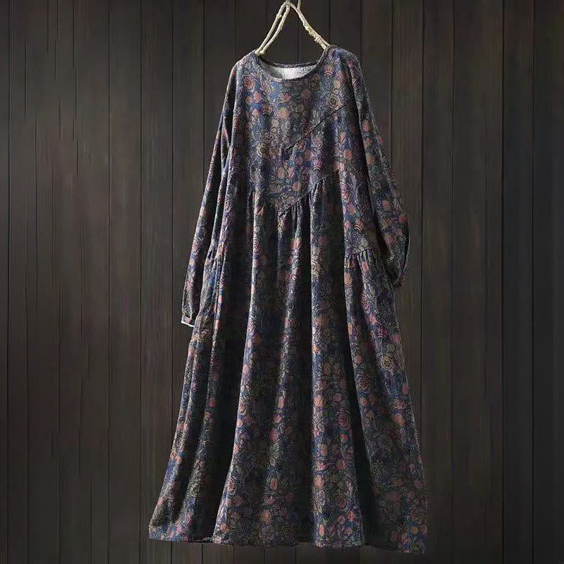 Sukienka midi damska z długim rękawem i kwiatowym wzorem w stylu retro z motywem Buddha Stones - Ciemnoniebieski - US4-8/10, UK/AU8-12/14, EU36-40/42 (F) - image 11