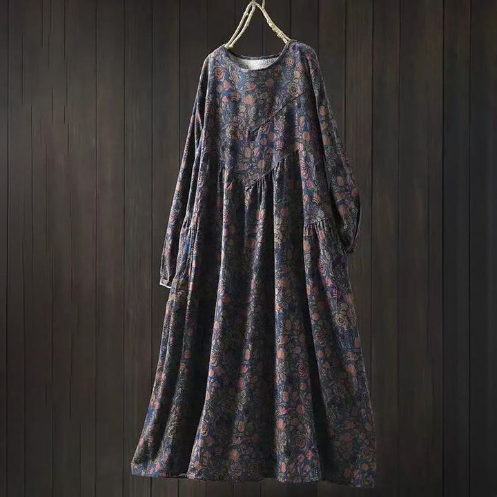 Sukienka midi damska z długim rękawem i kwiatowym wzorem w stylu retro z motywem Buddha Stones - Ciemnoniebieski - US4-8/10, UK/AU8-12/14, EU36-40/42 (F) - image 11