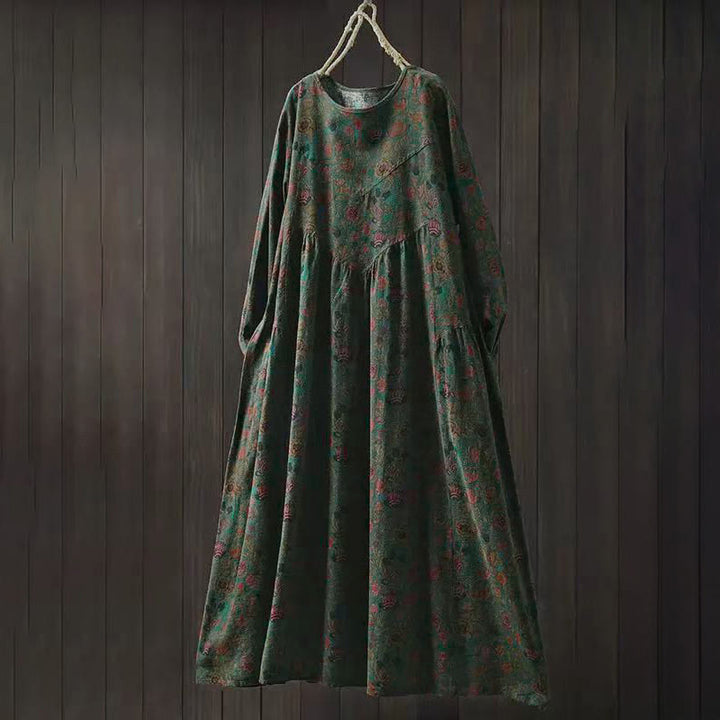 Sukienka midi damska z długim rękawem i kwiatowym wzorem w stylu retro z motywem Buddha Stones - DarkOliveGreen - US4-8/10, UK/AU8-12/14, EU36-40/42 (F) - image 0