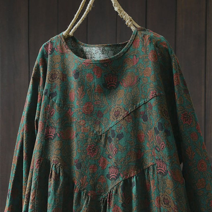 Sukienka midi damska z długim rękawem i kwiatowym wzorem w stylu retro z motywem Buddha Stones - image 1